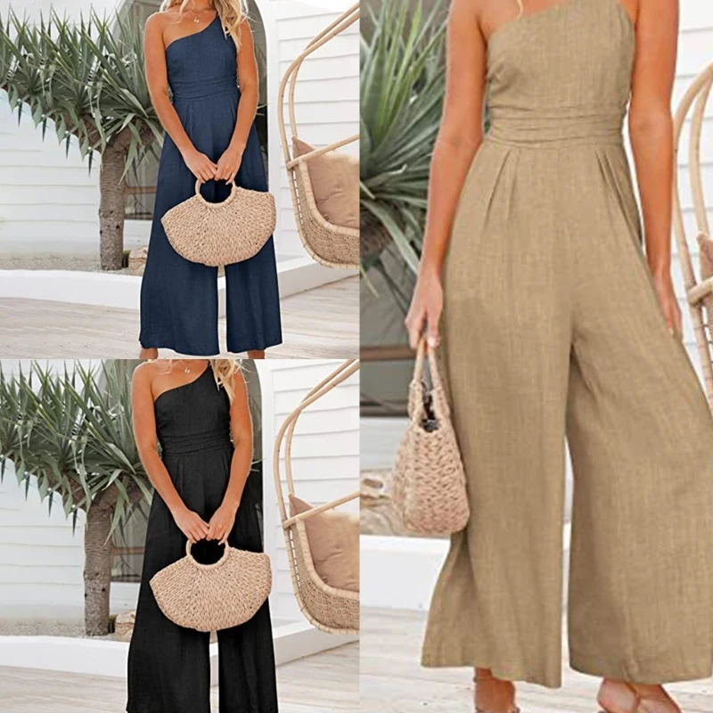 

Womens One Shoulder Strappy Solid Color Jumpsuits Pleated Waist Wide Leg Romper N7YD