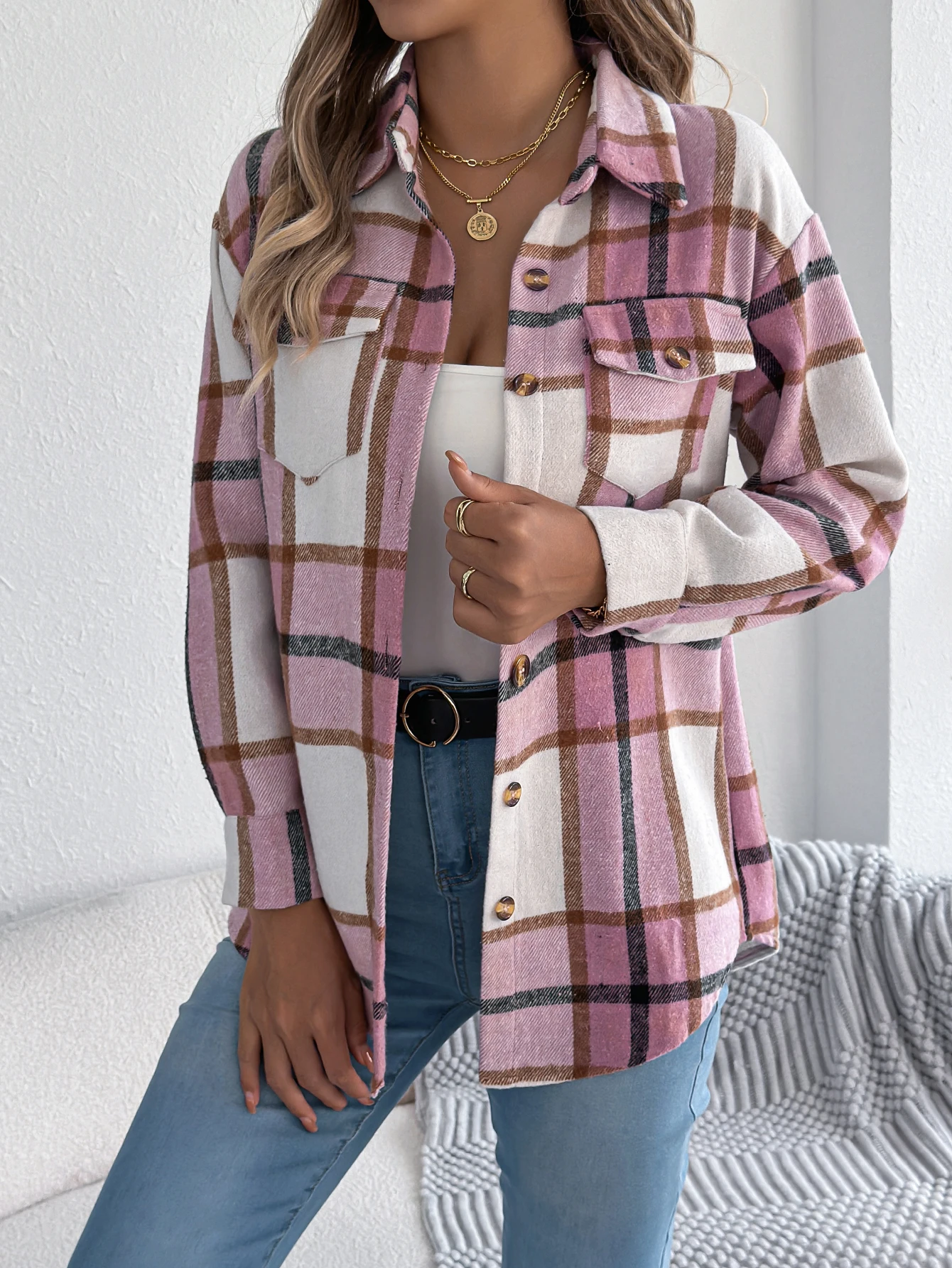Womens Woolen Plaid Long Sleeved Jacket