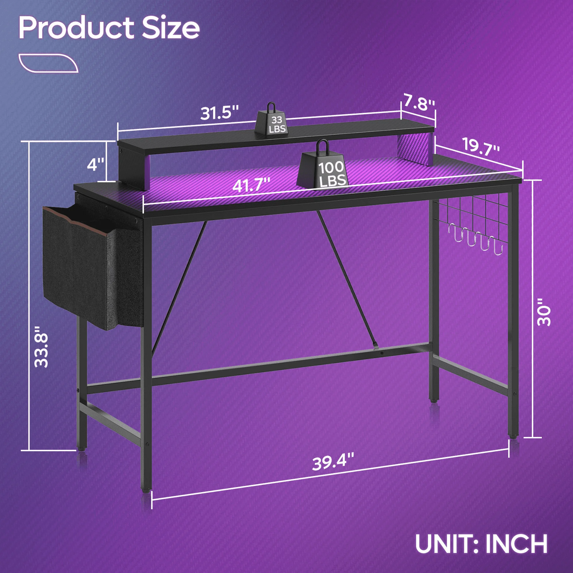 41.7 inch Gaming Desk with LED Monitor Stand, Storage Pocket, Grid Side Frame, for Gaming Room and Home Office 4