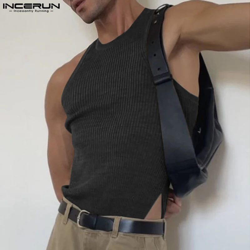 INCERUN 2023 Sexy New Men Bodysuits Casual Knitted Elastic Rompers Fashion Solid Comfortable Sleeveless Triangle Jumpsuits S-5XL