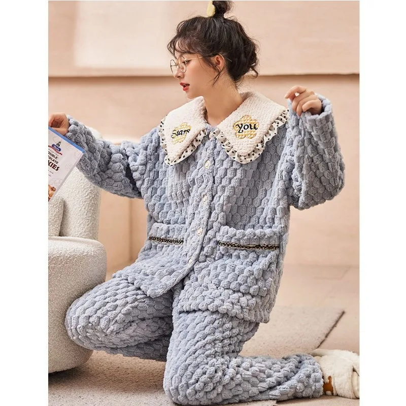 2024 New Coral Fleece Pajamas Women Autumn Winter Nightgown Thickened Warm Sleepwear Simple Girls Polo Collar Home Clothing Set