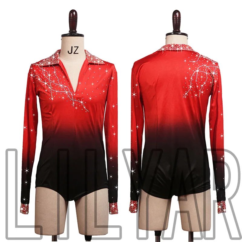 

New Latin Dance Men's Performance Competition Performs Adult Red and Black Gradient Long sleeved Sparkling Diamond jumpsuit