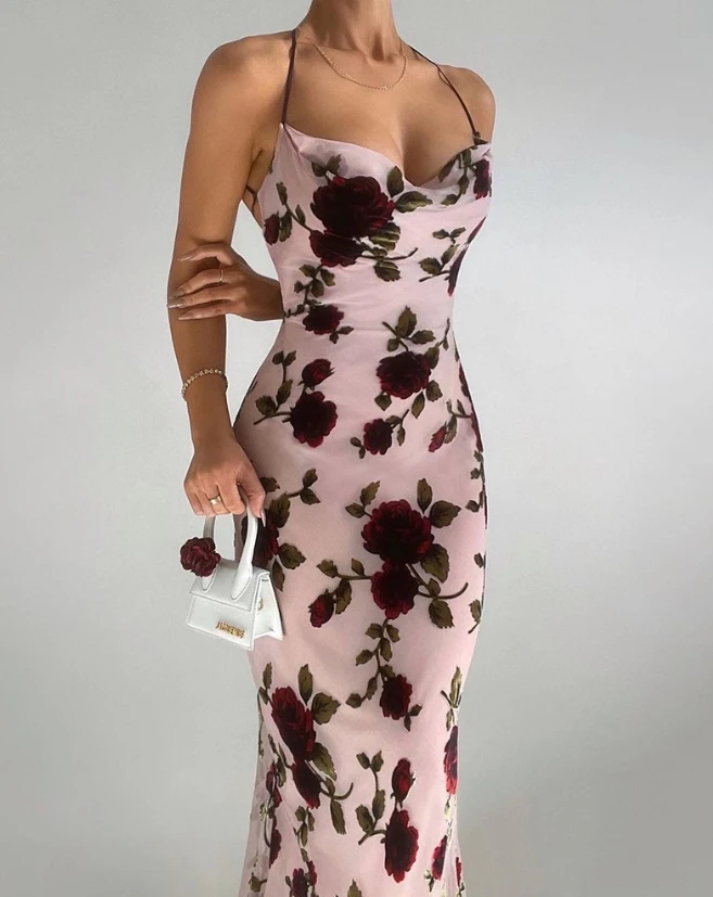 

Женское облегающее Платье макси с цветочным принтом, обтягивающее платье с открытой спиной, рюшами, воротником-хомутом, бретельками и принтом без рукавов