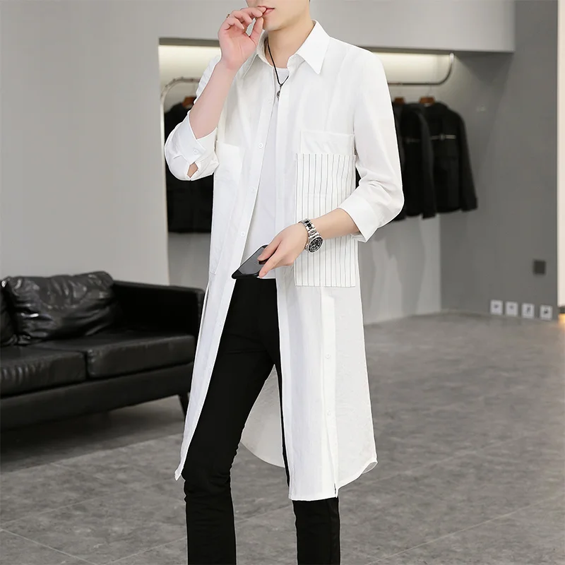 Summer Thin Men's Zipper Casual Cardigan 7/4 Sleeve Trench Coat Pocket Decoration Solid Color Open Front Korean Style