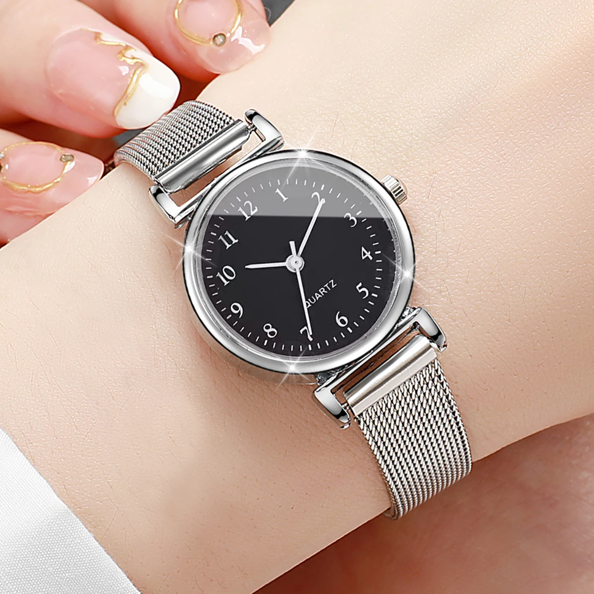 6PCS Fashion Women Watches Small Arabic Dial Quartz Watch Ladies Silver Mesh Band Wristwatches Jewelry Reloj Mujer(Without Box) 4