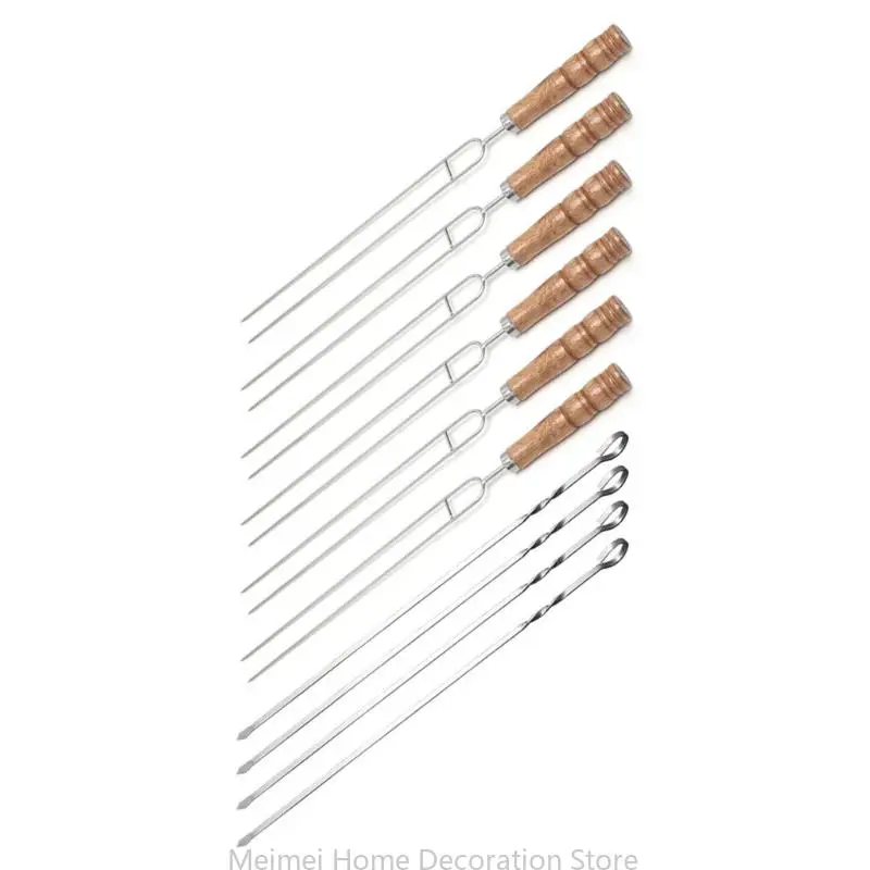 H7BF 10Pcs Stainless Steel BBQ Skewers Set Double Fork Bbq String Beech Handle Sticks Metal Toasting Forks Roasting Sticks
