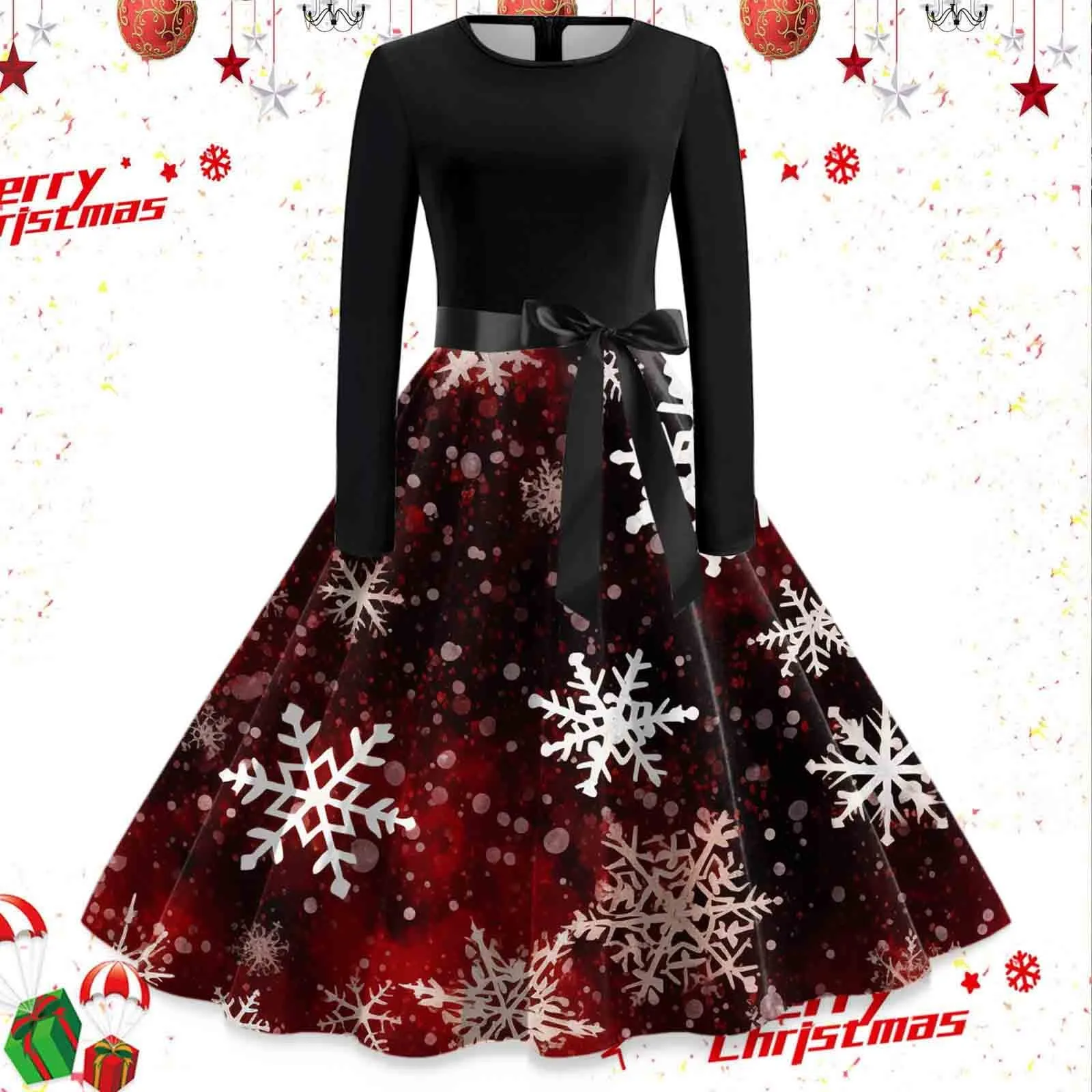 

Snowflake Printing Dresses Women Merry Christmas Cosplay Costume Long Sleeve O Neck Loose Lace Up Vintage Prom Party Dress