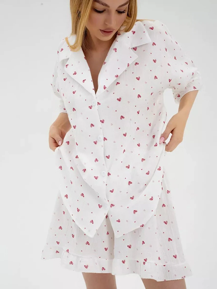 Mathaiqiqi Printing Women'S Nightgowns Suit Sexy Turn-Down Collar Pajamas Half Sleeve Nightwear Shorts Casual Ladies Nightie Set