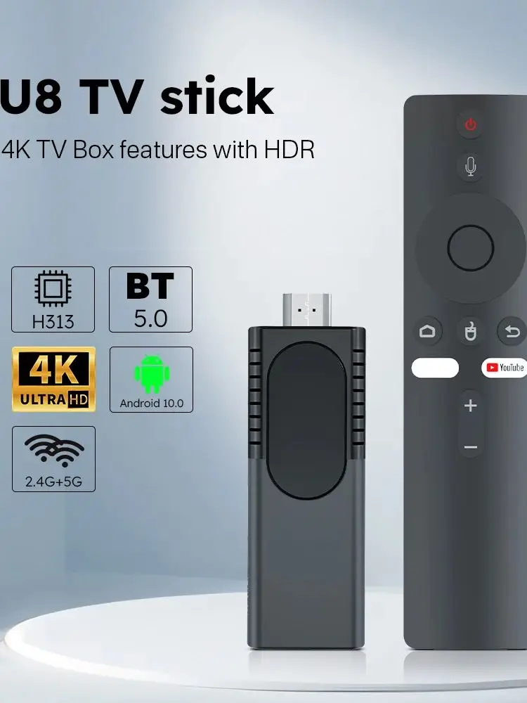 Sb4f038b7c94842619ad1a188bb5bf7eek 2026 U8 TV Stick Android 10.0 TV Box HDR H313 Wifi BT5 smart TV 2.4G 5G 4K HD smart TV BOX Voice Remote Set TOP Box