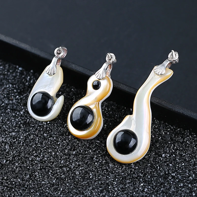 1Pcs Natural Gemstone Shell And Obsidian Pendant Bead,925 Sterling Silver Necklace Accessories,34x14x8mm,3.7g