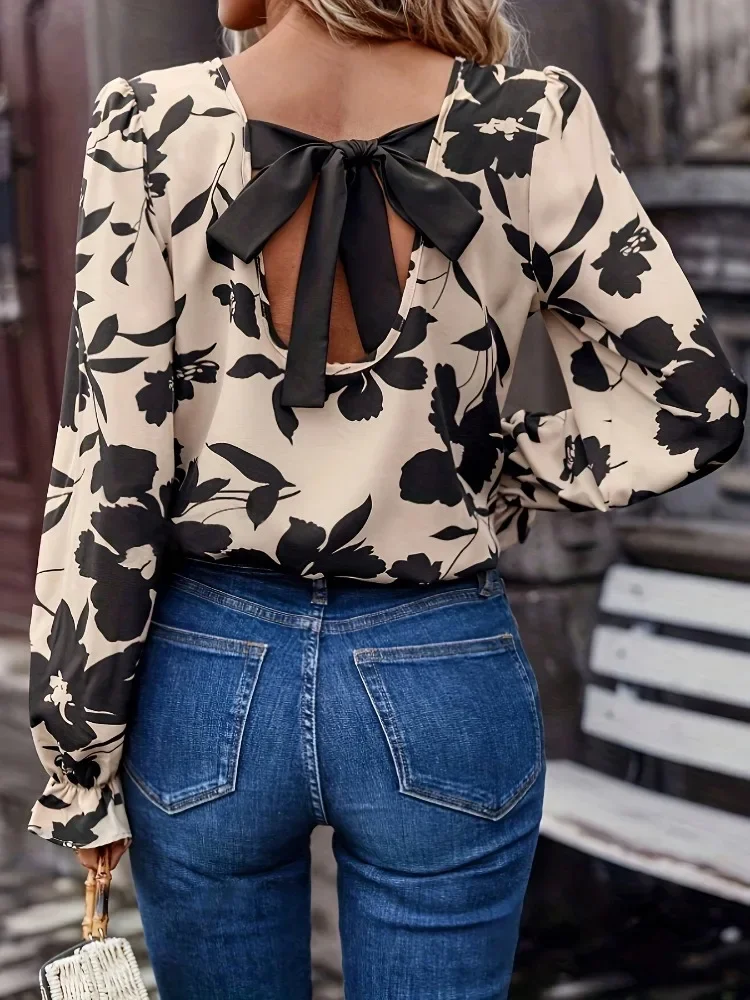 2025 New Autumn Women's Printed Petal Sleeve Long Sleeve Shirt Fashion Elegant Back Strap Bow Crew Neck Straight Casual Blouse