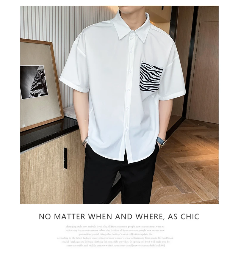 Summer Single Zebra Print Pocket Men Shirt Streetwear Short Sleeve 