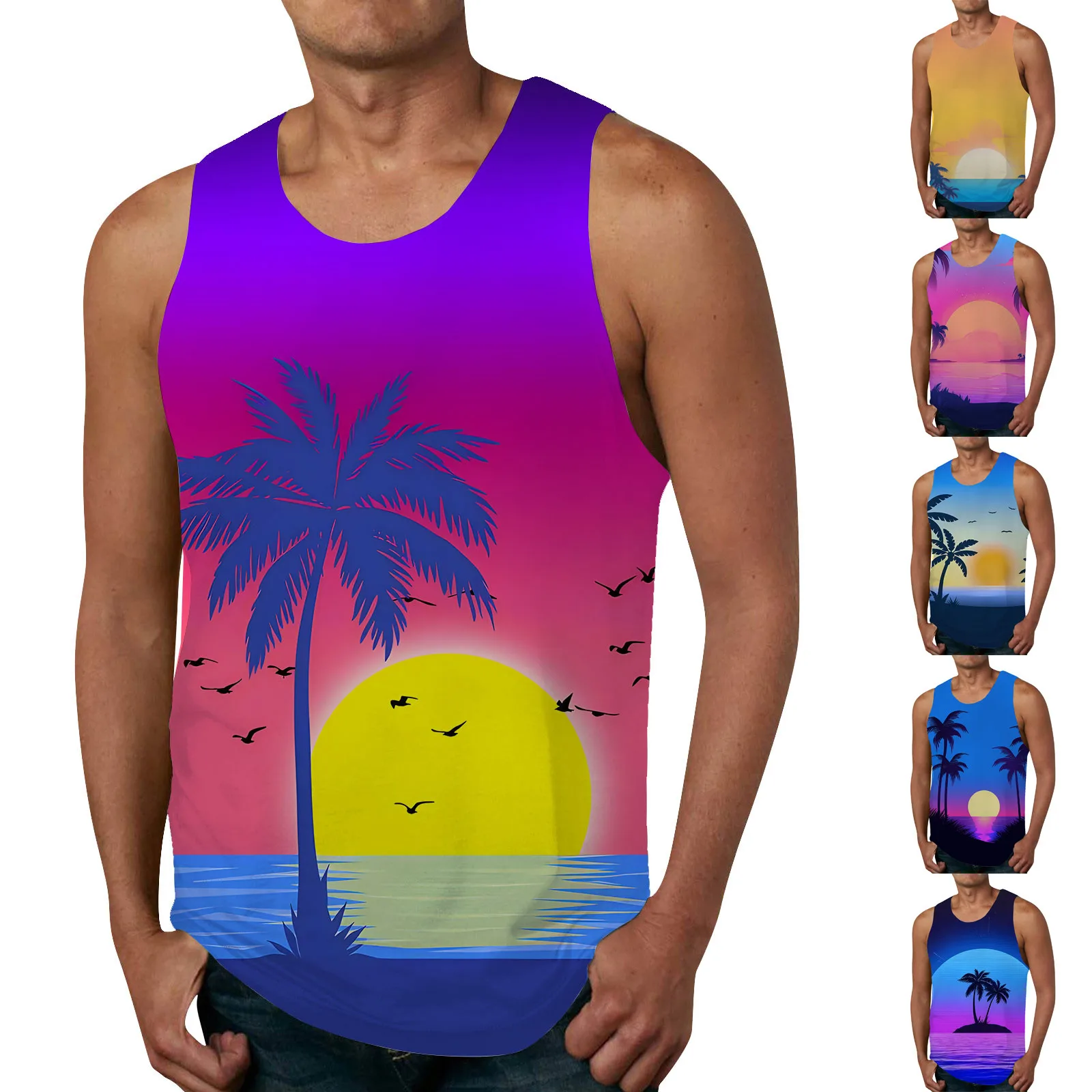 Hawaiian Tanks For Men Casual Fashionable Versatile Sleeveless Tank Summer Beach Printed Round Neck Tank Top футболка женский