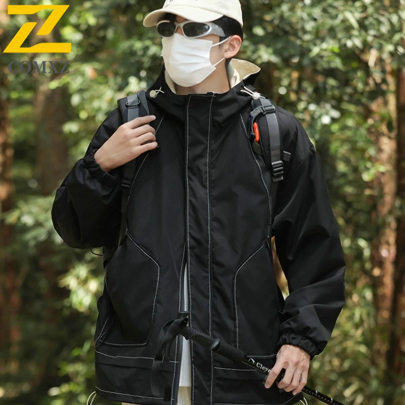 Men Casual Sports Hooded Jacket Autumn Water-Resistant Windbreaker Loose Fit Outdoor Coat Lightweight Breathable Streetwear Top