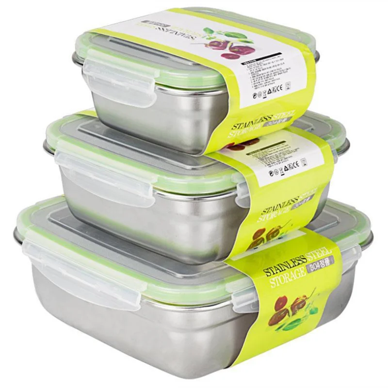 3 Pieces Stainless Steel Food Containers Food Storage Box Square Lunch Box 400/750/1200ml