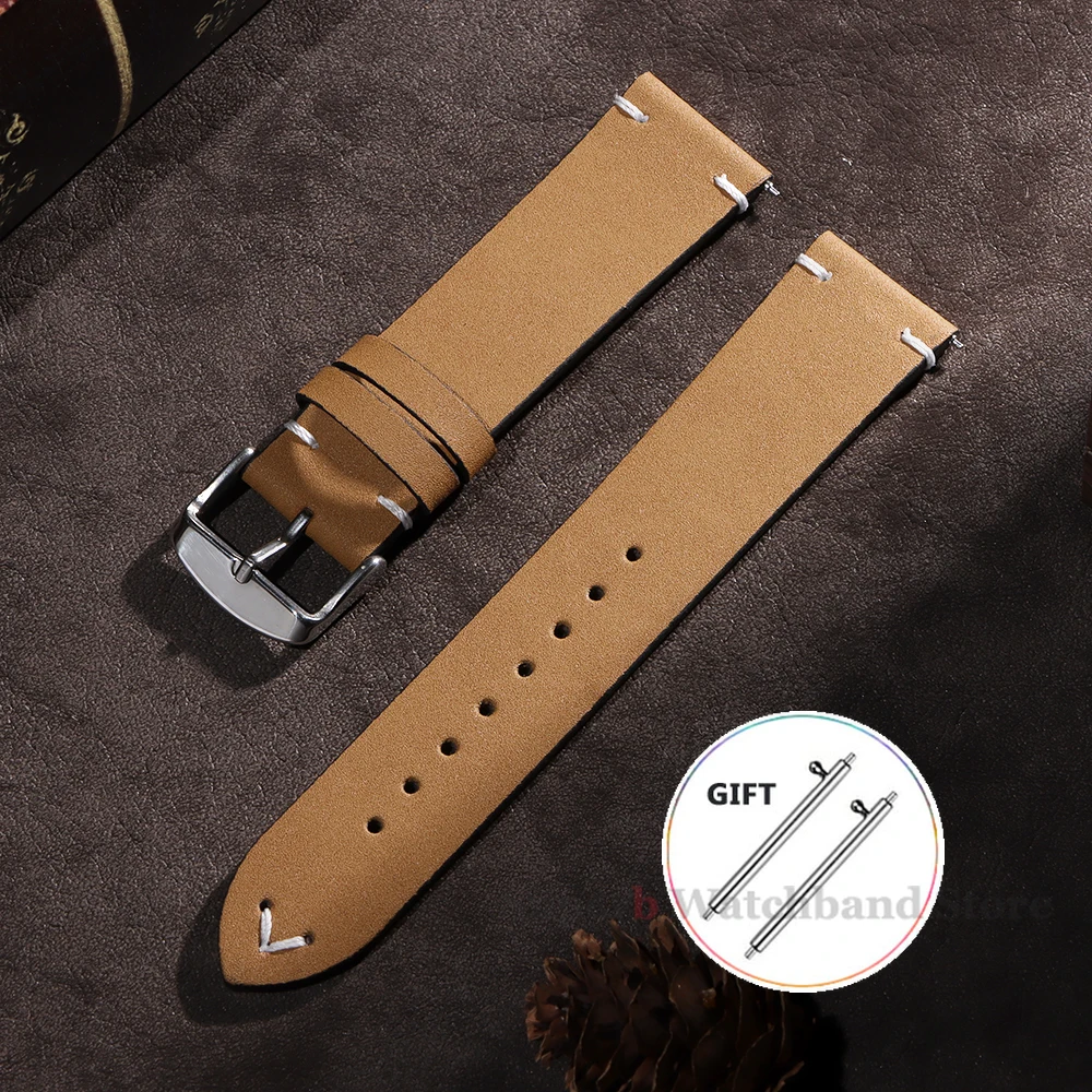 Vintage Cowhide Leather Quick Release Watch Strap with Stitching Details