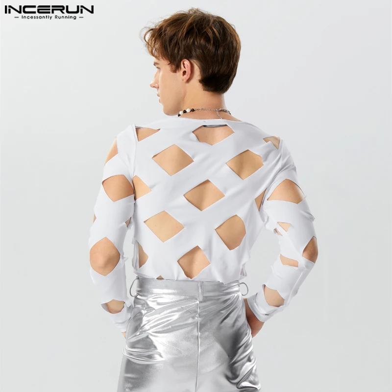 Men Bodysuits Solid Color Hollow Out Sexy O-neck Long Sleeve Men T Shirts Rompers Streetwear Fashion Bodysuit S-3XL