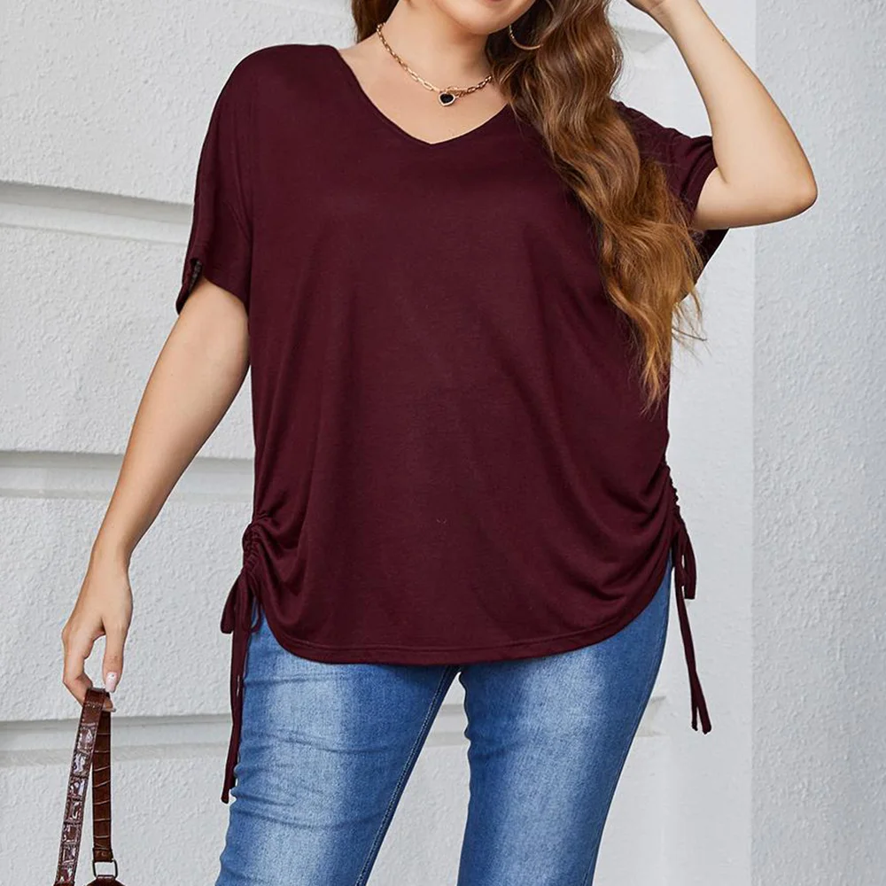 

Summer Loose Size Women New Simple Stylish Five Quarter Sleeved V-Neck Drawstring Shirt Solid Loose Fitting Mid Length Top