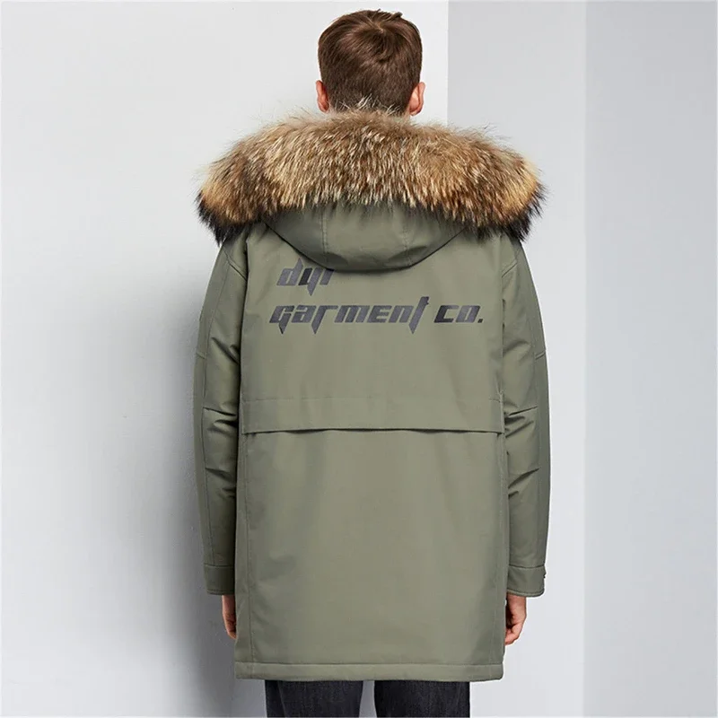 High End Down Jacket Men's Mid Length Winter New Thickened Parka with Hat and Large Fur Collar Winter Jacket