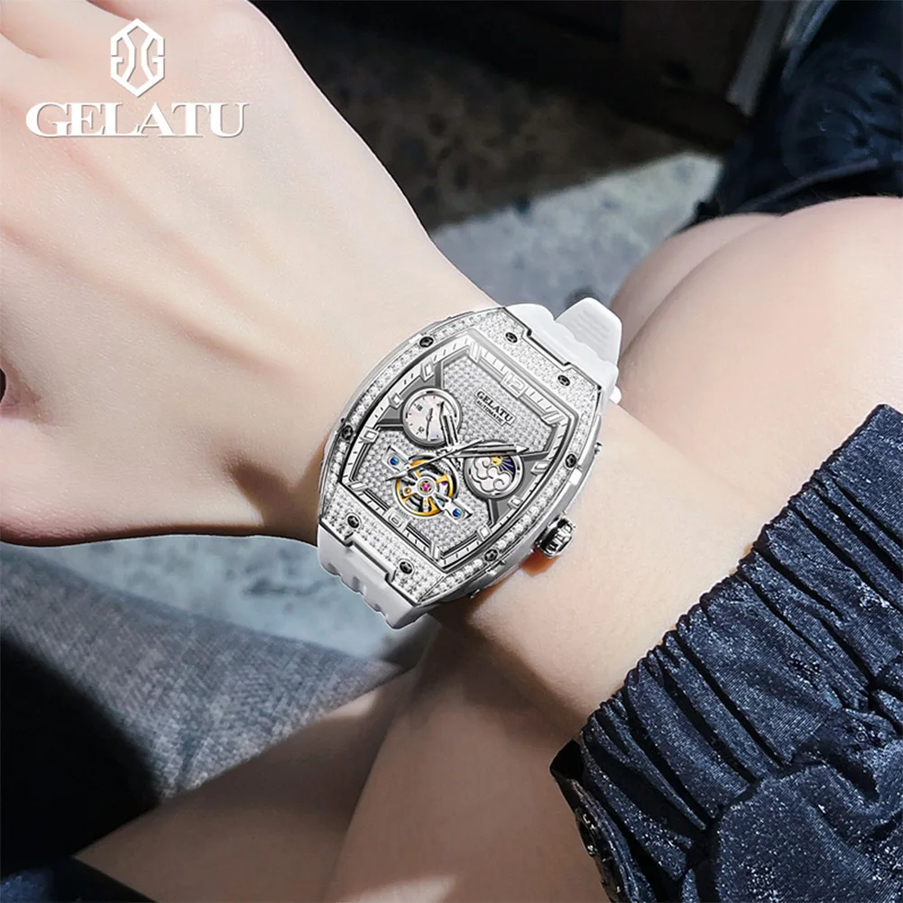 GELATU 6016 Luxury Fashion Woman Mechanical Watch Hollow Diamond Automatic Watch For Women 50M Waterproof Big Dial Wristwatch