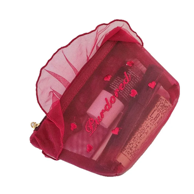 High Value Ruffled Net Pouch Ins Wind Girly Heart Student Convenient Breathable Small Lipstick Organizer Bag