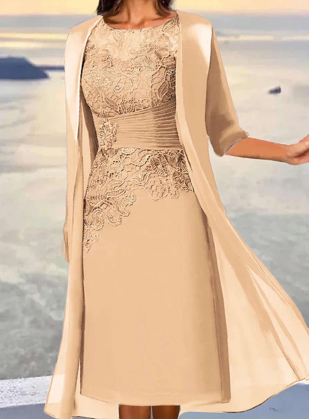 Mother Bride Dresses Midi Length Sleeve Floral Embroidered Layered Ruched Fall Crew Neck