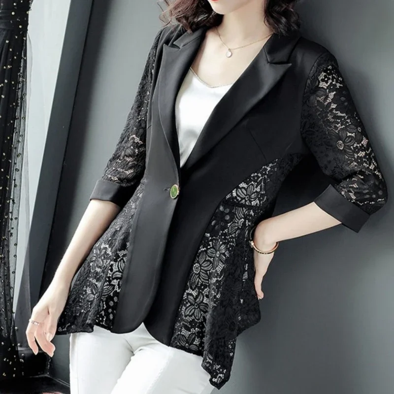 Women's Thin Suit Short Jacket Spring and Summer Lace Stitching Gem Button Slim Fit Outside Cardigan Korean Grace Fashion New