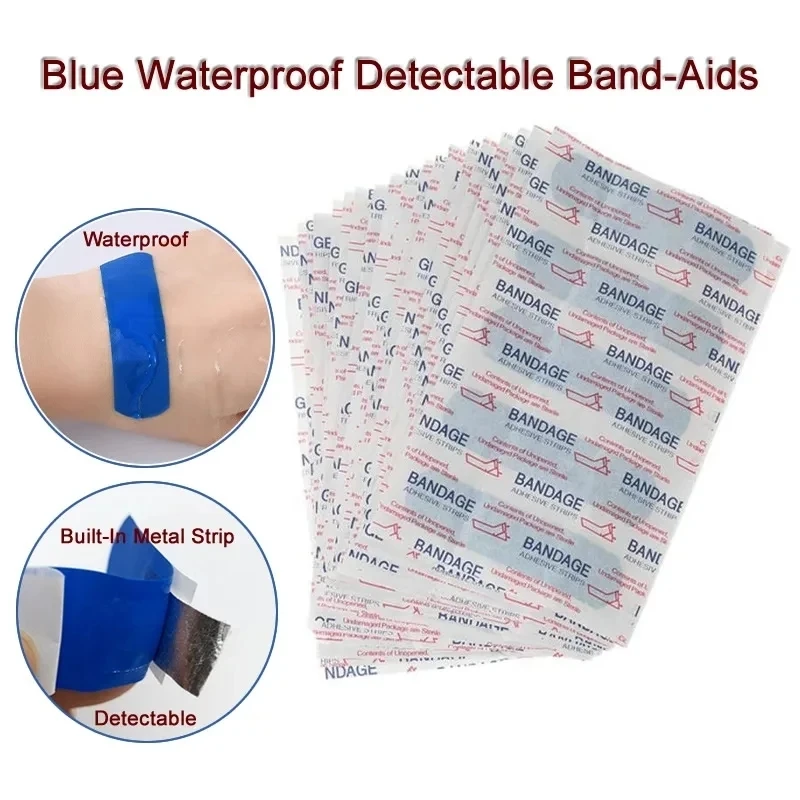 

100Pcs Waterproof Blue Detectable Elastic Medical Band-Aid For Hotel Restaurant Chef Wound Adhesive Plaster Tape First Aid Kits