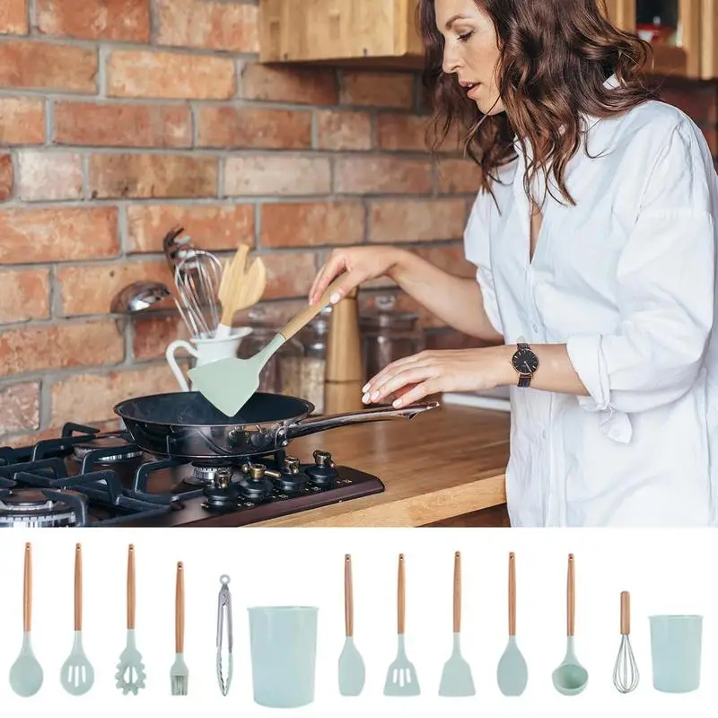 

Silicone Kitchen Utensils Set NonStick Shovel Spoon Food Clip Kitchen Tools Wooden Handle Food Grade Spatulas Turner For Cooking
