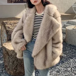 Fashion Gradient Animal Color Faux Fur Coat Plush Jacket Women Winter Loose Oversized Medium Length Fluffy Overcoat Outerwear