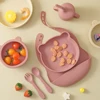 Color Kids Silicone Baby Feeding Set Adjustable Bib Cartoon Bear Shape Sucker Bowl Plate Portable Cup Utensils Tableware Sets 3