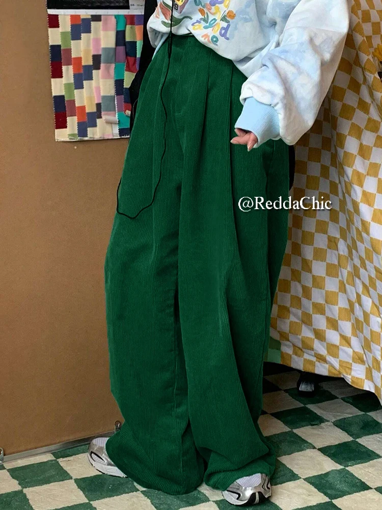 REDDACHiC Fall Winter Corduroy Green Pants Men Striped Wide Leg Casual Slacks High Rise Trousers Holiday Party Vintage Clothes
