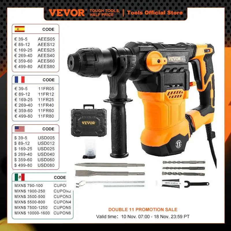 VEVOR 1500W Rotary Hammer Drill Max Drilling 32mm 4 Modes SDS-Plus Corded Demolition Chipping Metal Concrete Breaker Jackhammer