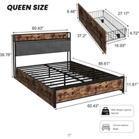 Queen Size Bed Frame with Storage Headboard and Charging Station, 4 Storage Drawers, LED Lights, Metal Support, Bed Frame 2