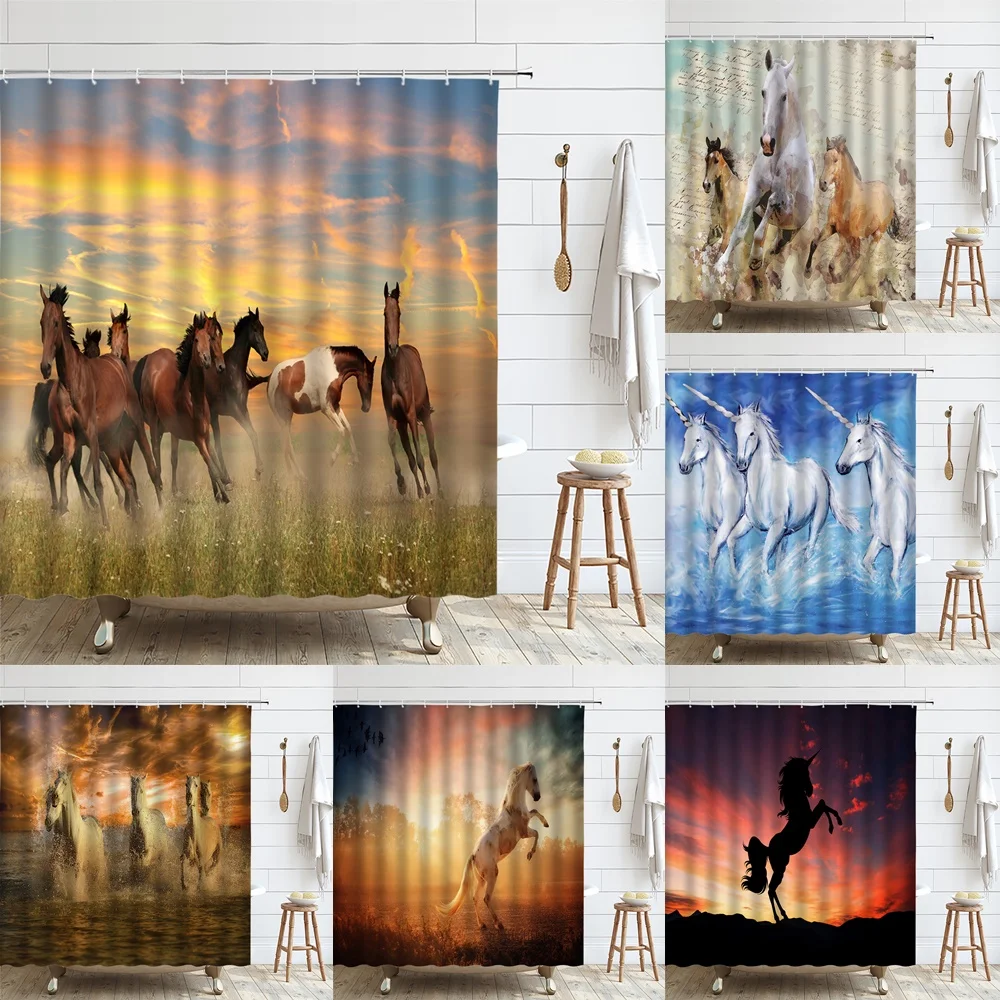 

Western Horse Shower Curtain Farm Animal Wilderness Unicorn Dusk Sunset Art Scenery Polyester Fabric Bathroom Curtains with Hook