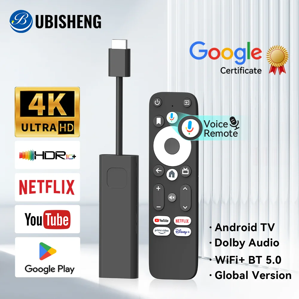 UBISHENG Android TV Stick GD1 4K Streaming Media Player Amlogic S905Y4 2G DDR4 16GB Netflix Google Certified WiFi Set Top Box tv stick