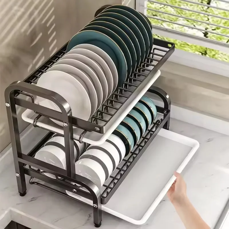 Dish Drying Rack Bowl Racks Large Rust-proof Dish Drainer with Utensil Holder 3 Layer Secure Kitchen Utensil Storage Drainboard