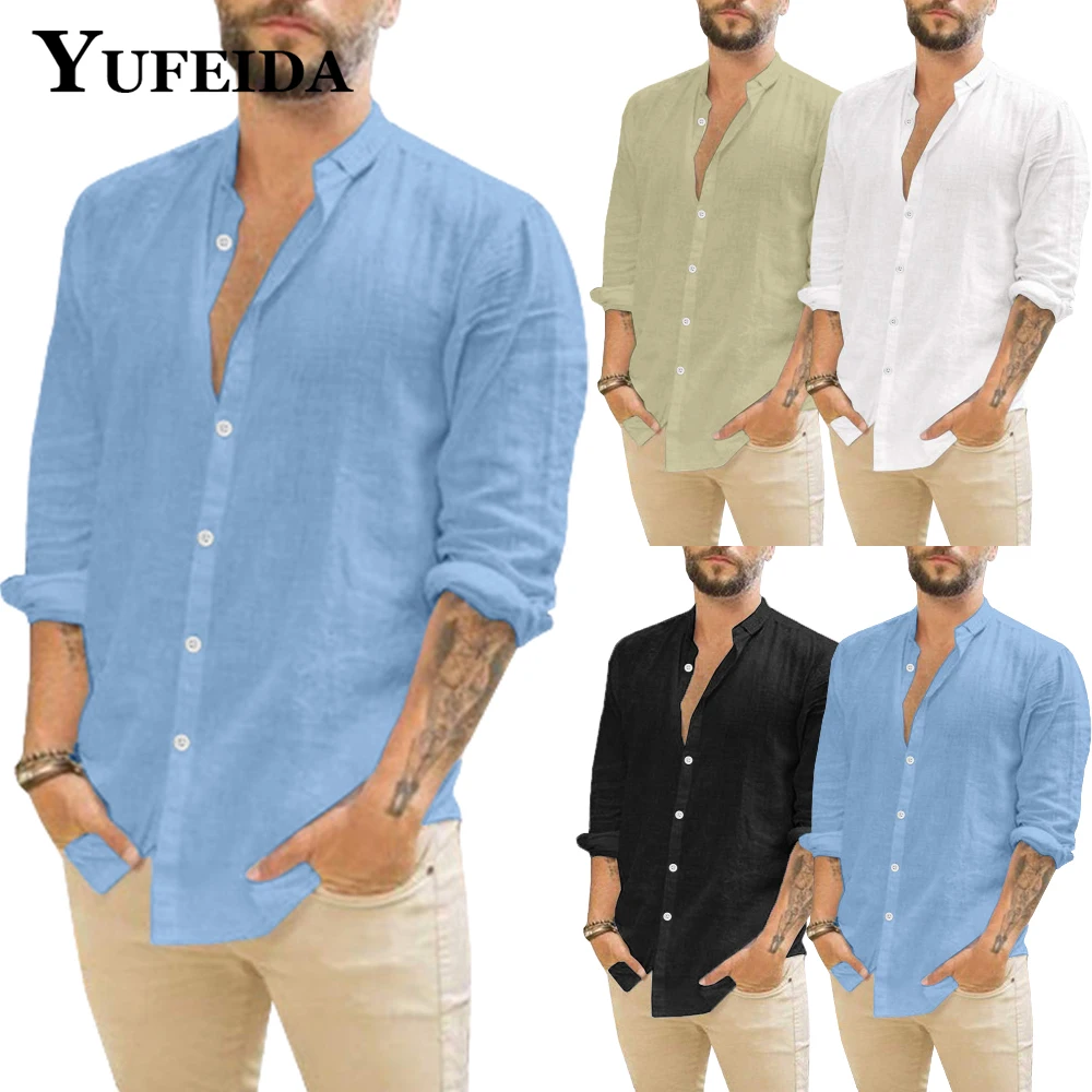 

YUFEIDA Mens Casual Cotton Linen Shirt Stand Collar Long Sleeve Men Cardigan Shirts 2023 Summer Fashion Solid Color Linen Blouse