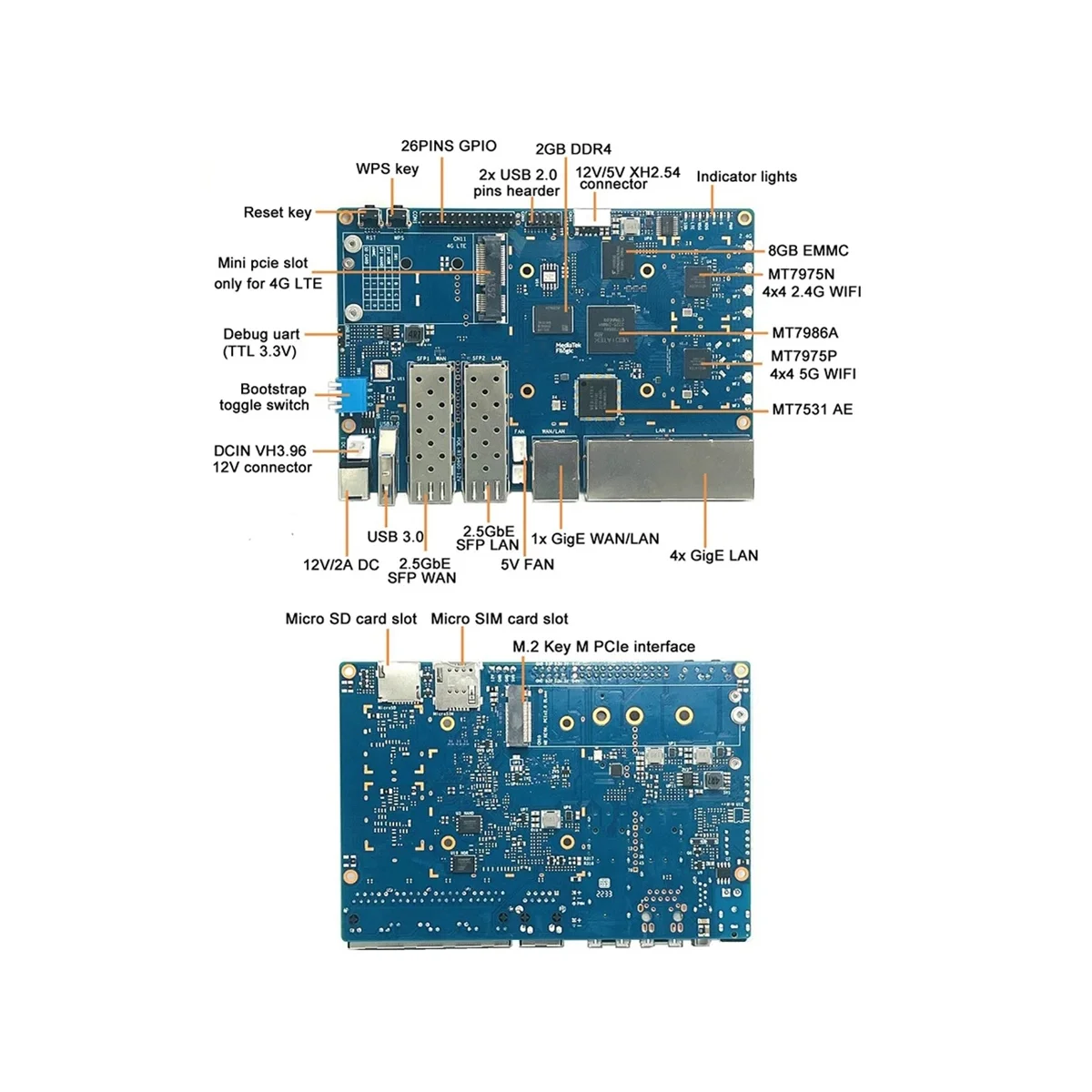 

For Banana PI -R3 MT7986 2G+8G EMMC Development Board with 256G SSD+4G Module+Case+8XAntennas+Heat Sink+Power US