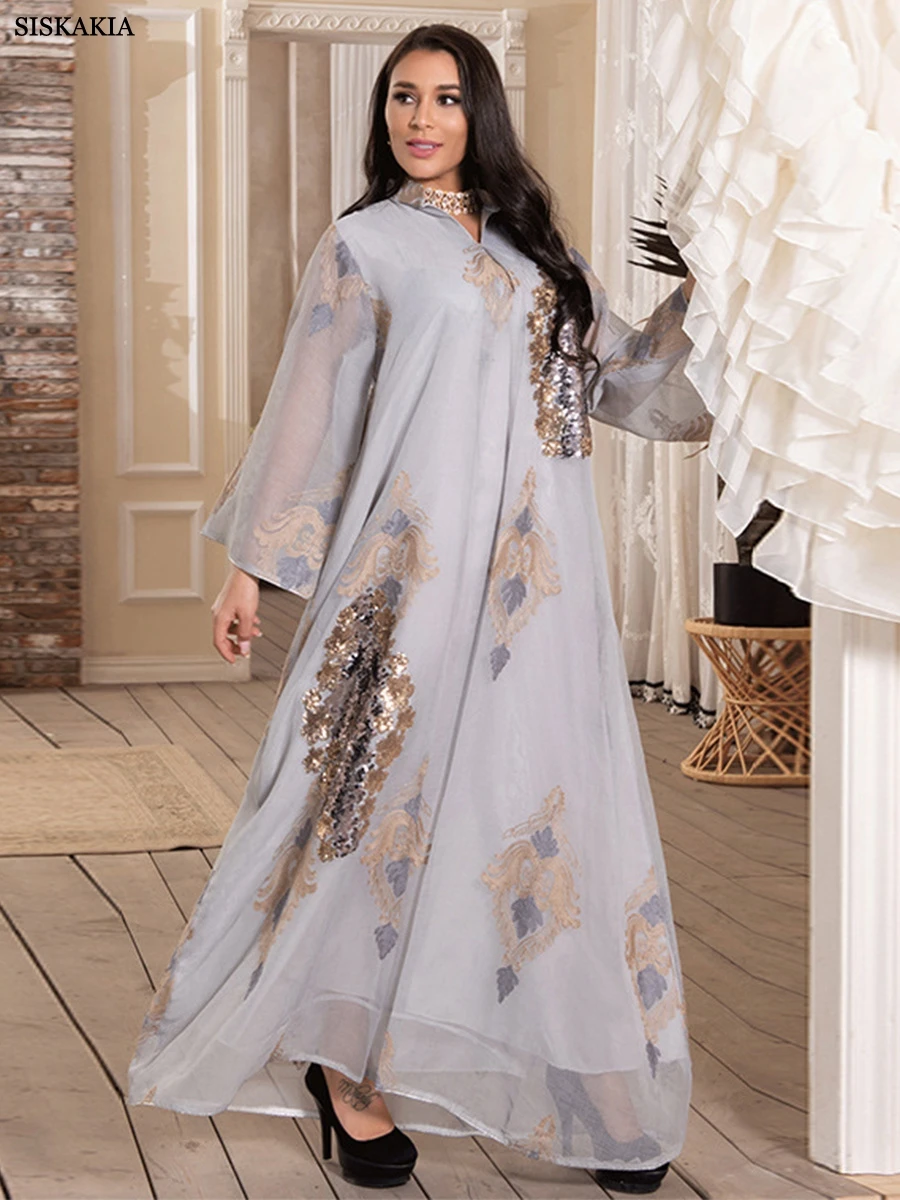 

Siskakia Modest Muslim Mesh Sequins Embroidery Abaya Dress for Women Dubai Arab Moroccan Caftan Party Evening Robe Gray Eid Wear