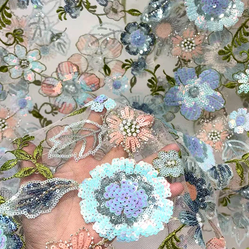 1 Yard Blumenperlen Stickerei Stoff Spitze Tüll Kleid Hochzeitskleid Stoff DIY Nähen Hochzeitskleid Kleidung Blumenstoff – Detail 10