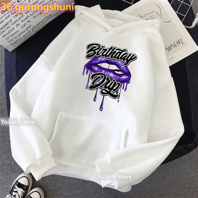 Red Lips Birthday Drip Graphic Print Cap Hoodie Women\'S Clothing Drip Squad Sweatshirt Femme Fashion Long-Sleeved Tracksuit