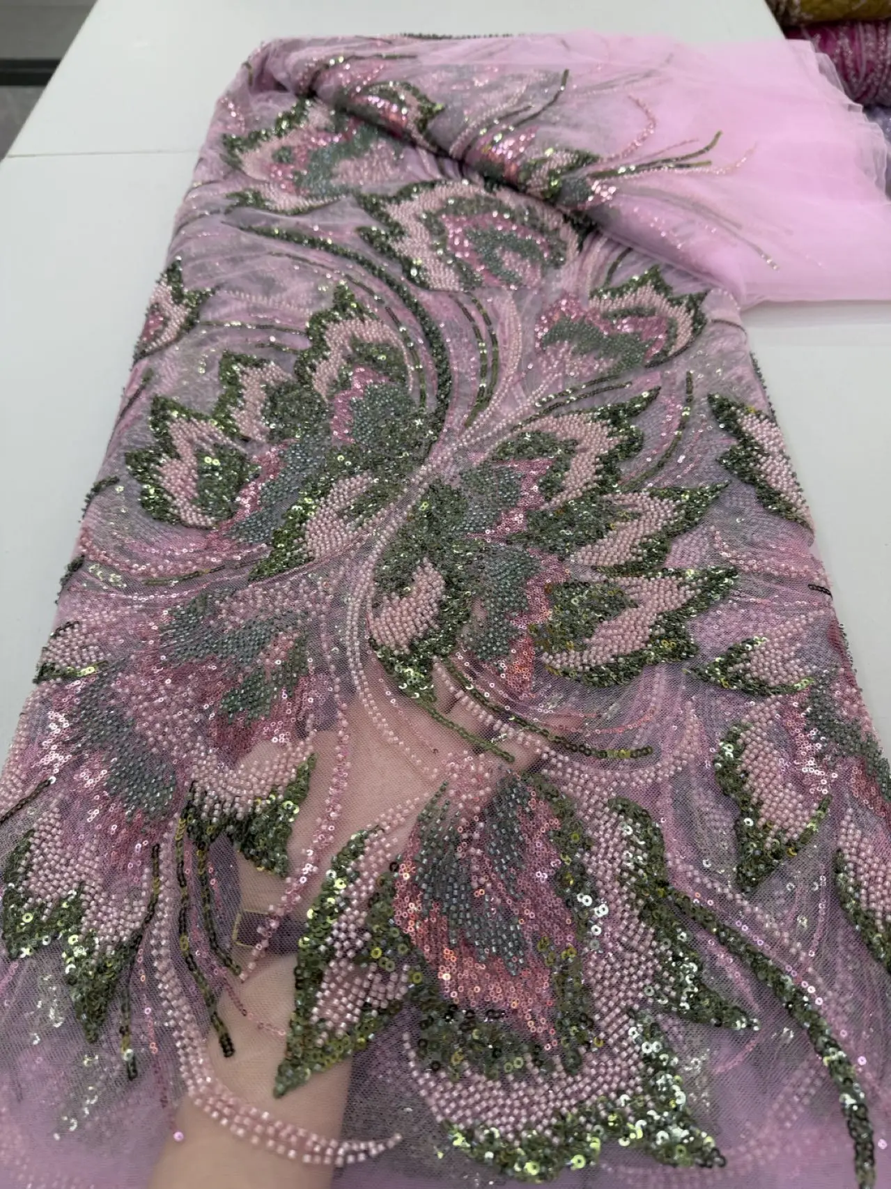 African Beads Lace Fabrics Sequin Lace Fabric 5 Yards For Woman Nigerian Wedding Dress