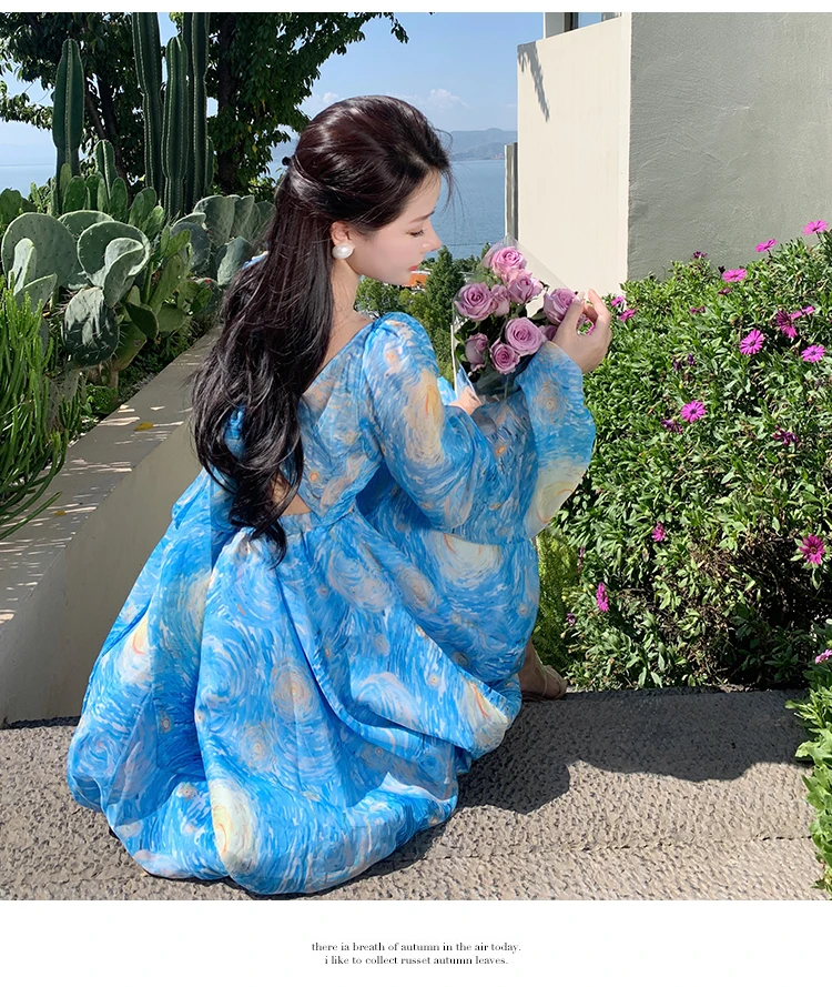 Elegant Printed Short Dresses for Women Backless Holiday Beach Style Lantern Sleeves A-line Floral Mini One Piece Vestido Mujer