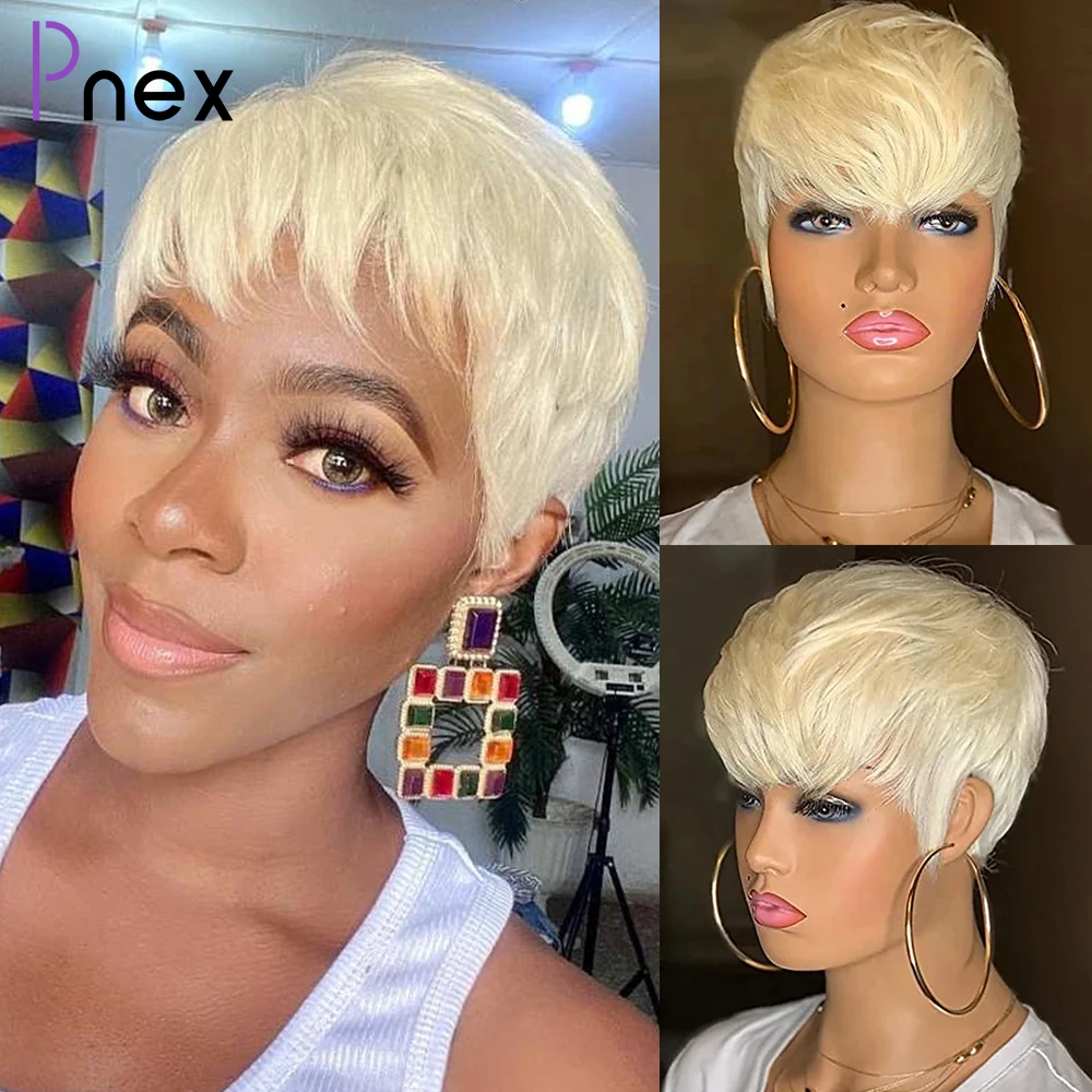 

613 Pixie Cut Wig Straight Short Human Hair Bob Wigs For Women Brazilian Remy Full Machine Made 6inch Blonde Wig With Bangs