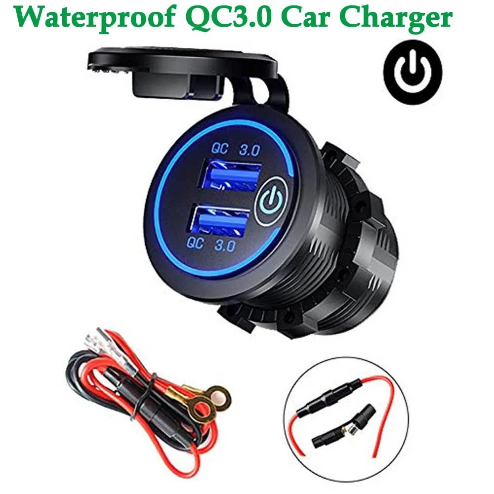 

Dual USB Car Charger Waterproof 12V/24V QC3.0 USB Fast Charger Socket Power Outlet with Touch Switch