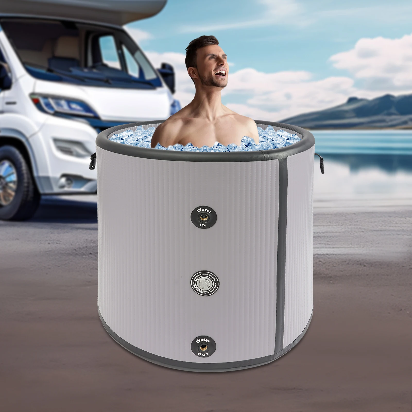 Portable PVC Ice Bathtub,380L Grey Round Inflatable Cold Bathtub Freestanding 90*76cm for Bathroom,Shower Room