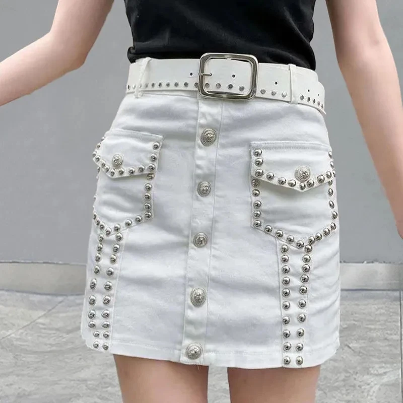 

Heavy Industry Rivet Stretch Denim Short Skirt Women's With belt Summer New Trend Sexy Half Skirt Female Short Casual Skirts