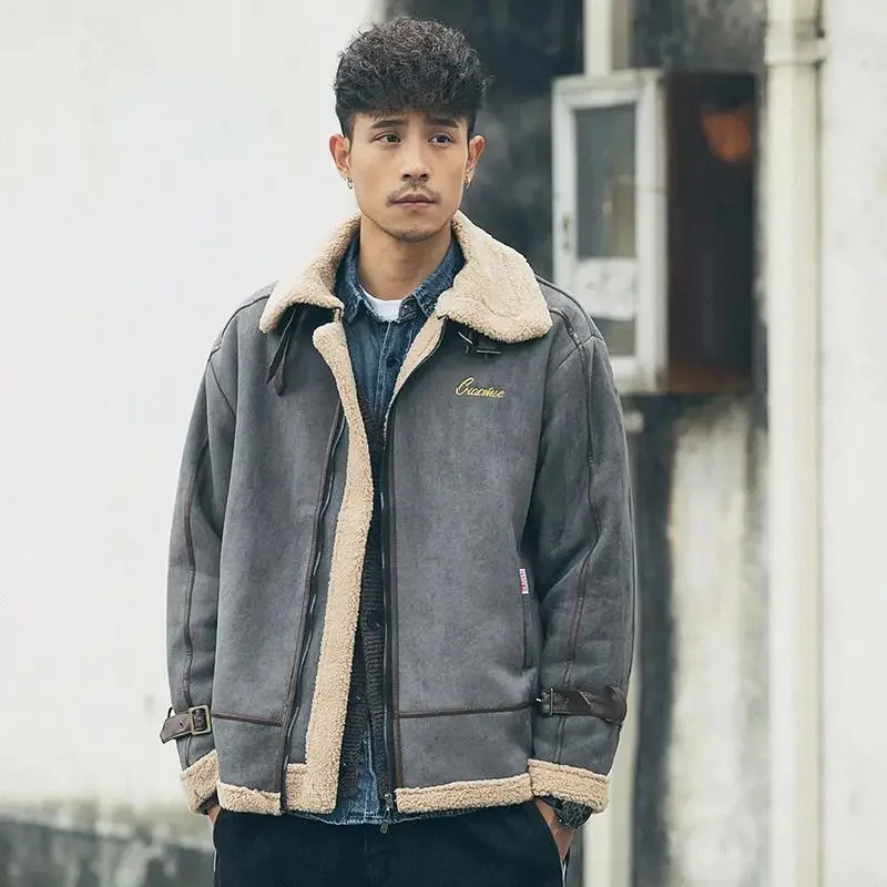 

Winter Lamb Coat Men's Velvet Thickened Cotton Jacket Slim Male Jackets Zipper Stand Collar Long Sleeves Pockets Casual Tops