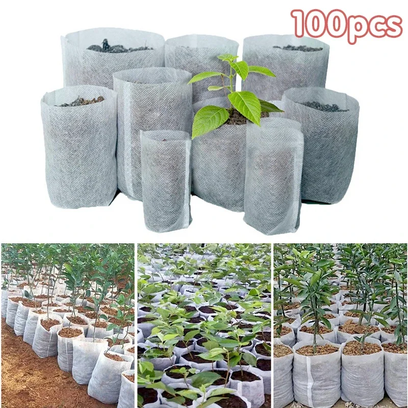 100pcs Plant Grow Bags Non-woven Fabric Nursery Crop Seedling Bags Planter Pots Container Garden Tools Supplies Biodegradable